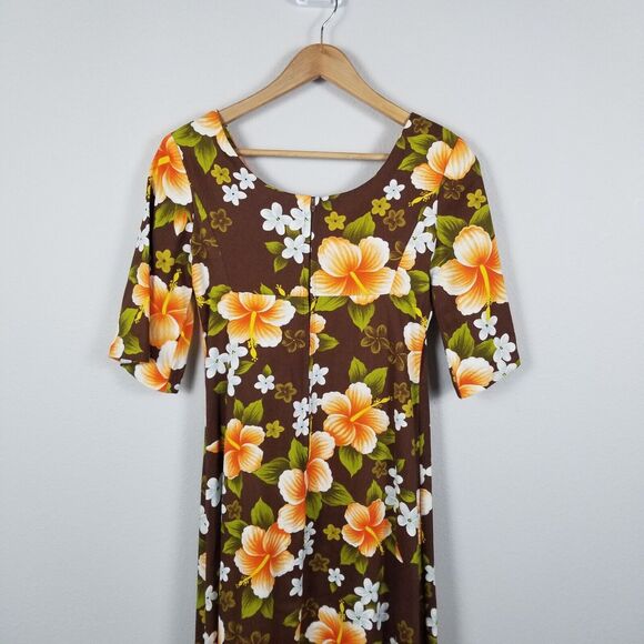 Ui-Maikai Hawaiian VTG 70s Empire  Hibiscus Print Maxi Brown Dress Size Small - Picture 10 of 13